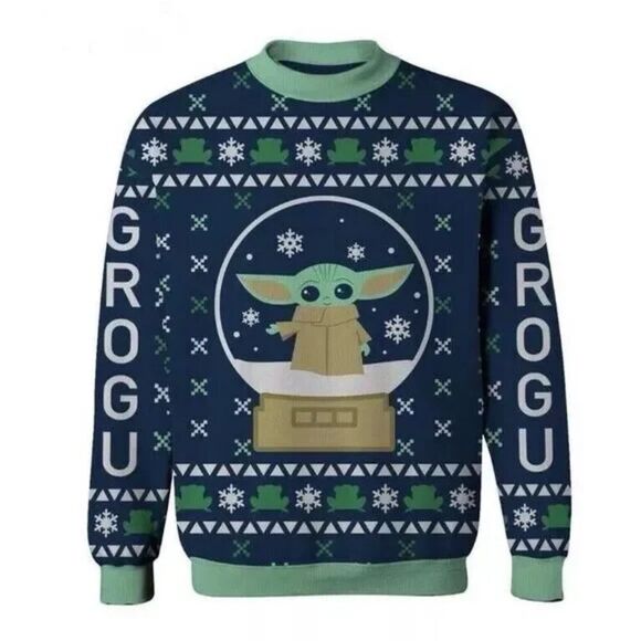 Star Wars Grogu Snow Globe Holiday Sweater Size Small Baby Yoda Blue Green